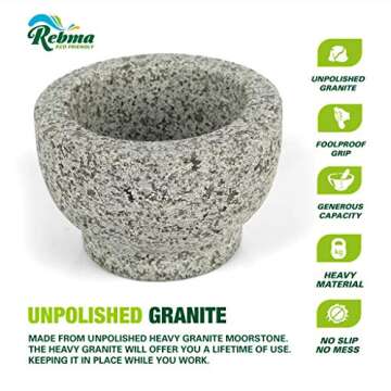 Rebma Products 6 Inch Large Unpolished Heavy Granite Stone Guacamole Mortar and Pestle Set Anti-Scratch Organic Looking, Mocajete Bowl Mexican