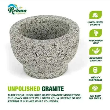 Rebma Products 6 Inch Large Unpolished Heavy Granite Stone Guacamole Mortar and Pestle Set Anti-Scratch Organic Looking, Mocajete Bowl Mexican