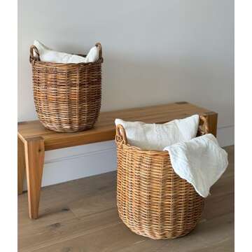 KOUBOO Lacak Round Rattan Decorative Storage Basket with Handles - 10 Gallon Capacity and Boho-Chic ...