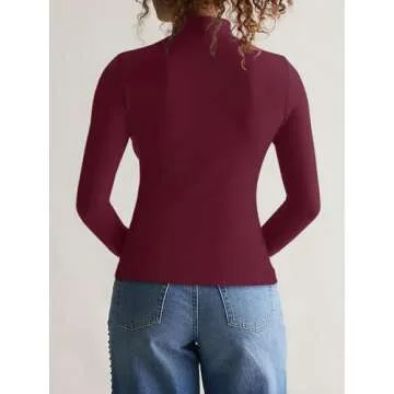 REORIA Women's Long Sleeve Mock Turtle Neck Tops Fall Basic Double Lined Layering Slim Fitted Shirts Thermal Undershirt Winter Clothes(Burgundy Small)
