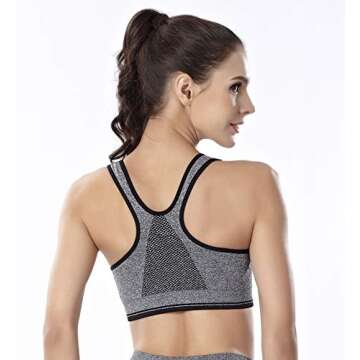 CHJM Women's Zip Front Sports Bra Wireless Post-Surgery Bra Active Yoga Sports Bras, Gray, US L/Asian size XXL