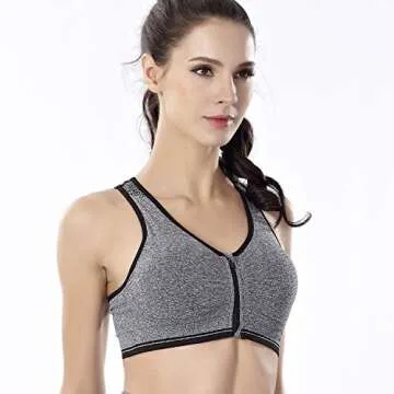 CHJM Women's Zip Front Sports Bra Wireless Post-Surgery Bra Active Yoga Sports Bras, Gray, US L/Asian size XXL