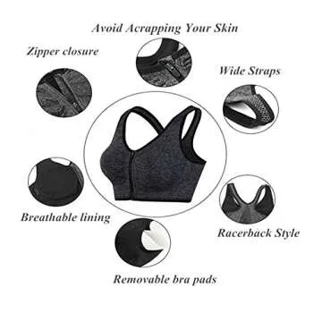 CHJM Women's Zip Front Sports Bra Wireless Post-Surgery Bra Active Yoga Sports Bras, Gray, US L/Asian size XXL