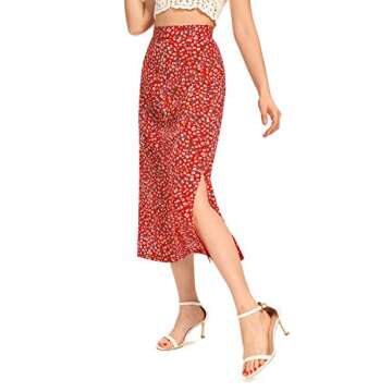 LYANER Women's Floral Print Side Split High Waist Zipper Midi Skirt Red X-Small