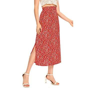 LYANER Women's Floral Print Side Split High Waist Zipper Midi Skirt Red X-Small
