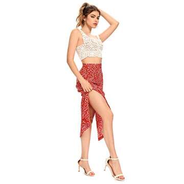 LYANER Women's Floral Print Side Split High Waist Zipper Midi Skirt Red X-Small