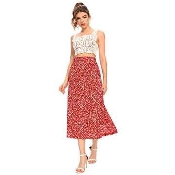 LYANER Women's Floral Print Side Split High Waist Zipper Midi Skirt Red X-Small