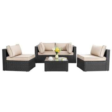 Shintenchi 5 Pieces Outdoor Patio Sectional Sofa Couch, Black PE Wicker Furniture Sets, Patio Conversation Sets with Washable Cushions Glass Coffee Table for Garden, Poolside, Backyard, Khaki