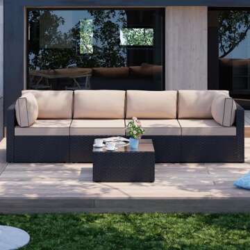 Shintenchi 5 Pieces Outdoor Patio Sectional Sofa Couch, Black PE Wicker Furniture Sets, Patio Conversation Sets with Washable Cushions Glass Coffee Table for Garden, Poolside, Backyard, Khaki