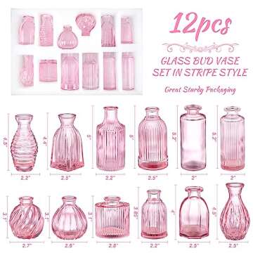 Pink Vase, Bud Vases Set of 12, Small Pink Glass Vases for Flowers Modern Ribbed Glass Bud Vase for ...