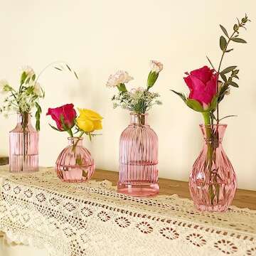 Pink Vase, Bud Vases Set of 12, Small Pink Glass Vases for Flowers Modern Ribbed Glass Bud Vase for Decor Wedding Flower Vase in Bulk Vintage Decor Bridal Shower Centerpieces Home Table Decoration