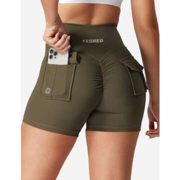 YEOREO Scrunch Workout Shorts with Pockets Charm Gym Biker Shorts for Women High Waisted Yoga Booty Shorts Olive Green M