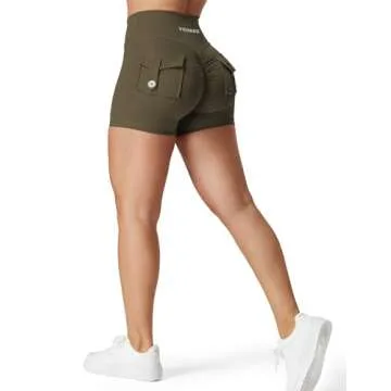 YEOREO Scrunch Workout Shorts with Pockets Charm Gym Biker Shorts for Women High Waisted Yoga Booty Shorts Olive Green M
