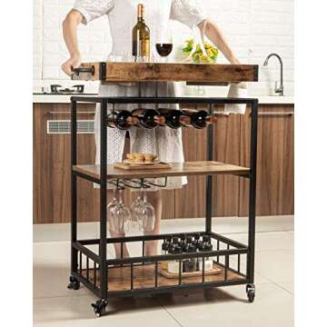 Tayene Bar Serving Cart Home Myra Rustic Mobile Kitchen Serving cart,Industrial Vintage Style Wood Metal Serving Trolley (Rustic Brown-A)