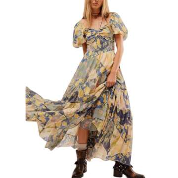 Women Spring Dresses Flowy Smocked Maxi Dress Puff Sleeve Sweetheart Y2K Floral Boho Summer Sundress...