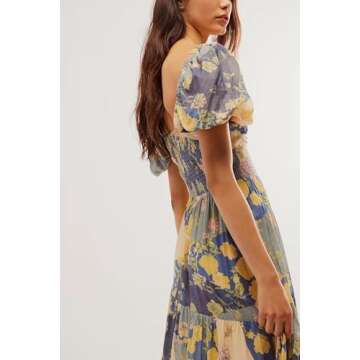 Women Spring Dresses Flowy Smocked Maxi Dress Puff Sleeve Sweetheart Y2K Floral Boho Summer Sundresses, Yellow, Small