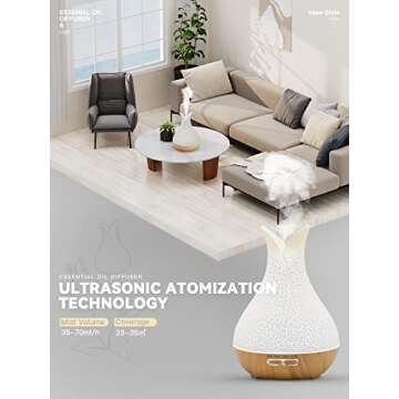 Katusie 500ML Essential Oil Diffuser with 10 Essential Oils Gift Set, Aromatherapy Diffuser Humidifier with 2 Mist Mode 4 Timers＆ 7 Ambient Light Waterless Auto Off for Large Room Home Office