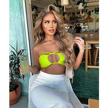 TOB Women's Sexy Criss Cross Lace Up Sling Basic Bow Tie Crop Top Fluogreen