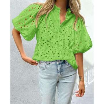 PRETTYGARDEN Women's Summer Tops 2025 Dressy Casual Short Sleeve V Neck Buttons Hollow Out Lace Embroidered Blouses Shirts (Grass Green,X-Large)