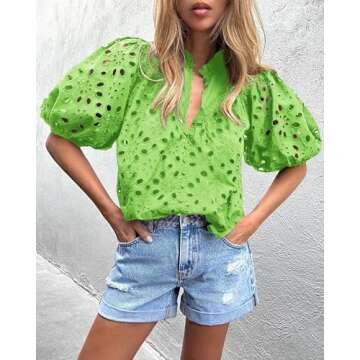 PRETTYGARDEN Women's Summer Tops 2025 Dressy Casual Short Sleeve V Neck Buttons Hollow Out Lace Embroidered Blouses Shirts (Grass Green,X-Large)