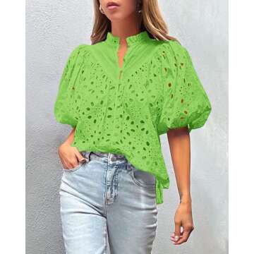 PRETTYGARDEN Women's Summer Tops 2025 Dressy Casual Short Sleeve V Neck Buttons Hollow Out Lace Embroidered Blouses Shirts (Grass Green,X-Large)
