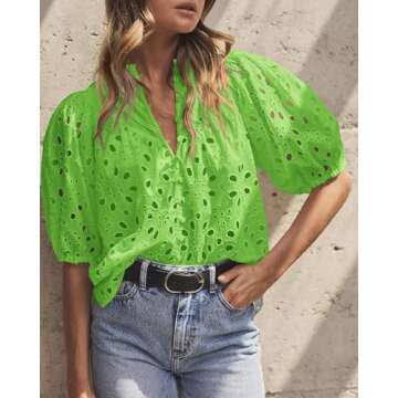 PRETTYGARDEN Women's Summer Tops 2025 Dressy Casual Short Sleeve V Neck Buttons Hollow Out Lace Embroidered Blouses Shirts (Grass Green,X-Large)
