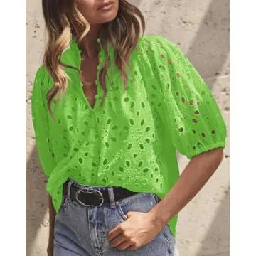 PRETTYGARDEN Women's Summer Tops 2025 Dressy Casual Short Sleeve V Neck Buttons Hollow Out Lace Embroidered Blouses Shirts (Grass Green,X-Large)