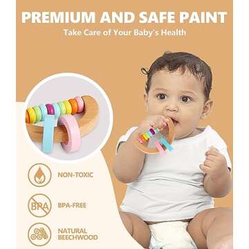 4 PCS Wooden Baby Rattle, Organic Colorful Baby Rattles Set, Wood Rattles for Babies 0-6-12 Months, ...