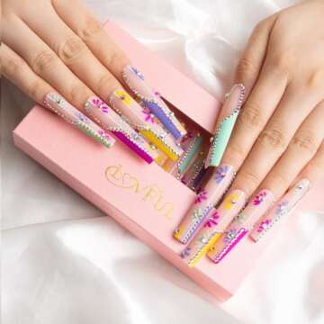 LOVFUL Press on Nails Wild Blooming | Handmade with Full Covered Crystals | Reusable Fake Nails | Square Long 2.2 in | H156-S