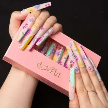 LOVFUL Press on Nails Wild Blooming | Handmade with Full Covered Crystals | Reusable Fake Nails | Square Long 2.2 in | H156-S