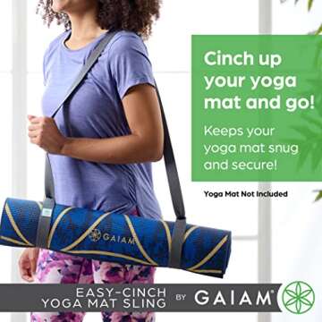 Gaiam Easy Cinch Yoga Mat Sling (Sold Individually with Assorted Colors), Turquoise Sea or Granite Storm (Mat Not Included), 1 Count