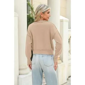 Zeagoo Womens 2024 Fall Crewneck Cropped Sweater Cozy Long Sleeve Ribbed Knit Pullover Dropped Shoulders Trendy Jumper Tops Khaki