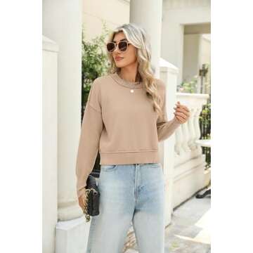 Zeagoo Womens 2024 Fall Crewneck Cropped Sweater Cozy Long Sleeve Ribbed Knit Pullover Dropped Shoulders Trendy Jumper Tops Khaki