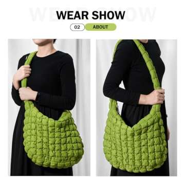 CALUOMATT Large Puffer Tote Bag for Women Padded Quilted Hobo Bags Nylon PufferBag with Zipper Green