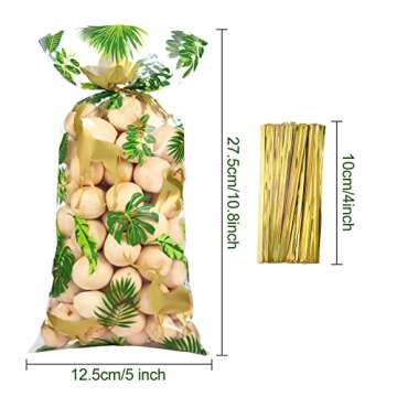 100 Pieces Jungle Animal Cellophane Treat Bags, Green Gold Safari Animal Palm Leaves Plastic Candy G...