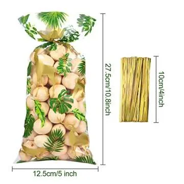 100 Pieces Jungle Animal Cellophane Treat Bags, Green Gold Safari Animal Palm Leaves Plastic Candy G...