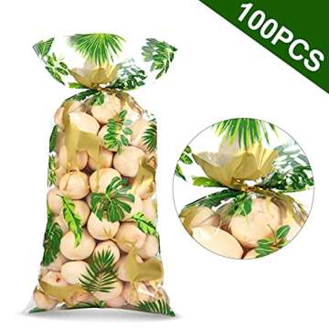 100 Pieces Jungle Animal Cellophane Treat Bags, Green Gold Safari Animal Palm Leaves Plastic Candy Goodie Bags with 100 Gold Twist Ties for Wild One Safari Baby Shower Birthday Party Favors