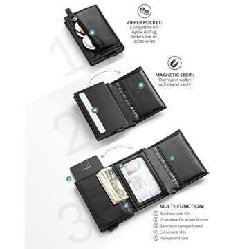 VULKIT Pop up Wallet RFID Blocking Leather Credit Card Wallet with Banknote Compartment, ID Window & Coin Pocket (Black)