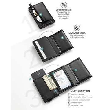VULKIT Pop up Wallet RFID Blocking Leather Credit Card Wallet with Banknote Compartment, ID Window & Coin Pocket (Black)