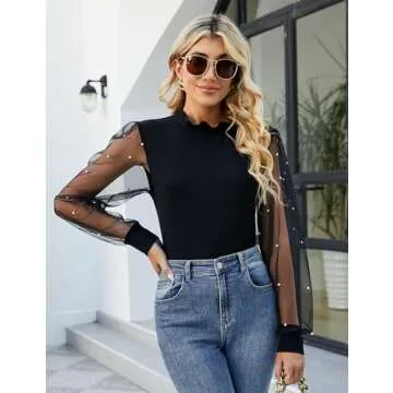 Blooming Jelly Womens Mock Neck Tops Pearl Long Sleeve Dressy Blouses Party Fall Outfits 2025 (Medium, Black)