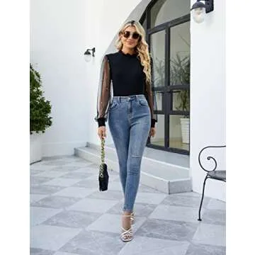 Blooming Jelly Womens Mock Neck Tops Pearl Long Sleeve Dressy Blouses Party Fall Outfits 2025 (Medium, Black)