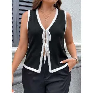 Verdusa Women's Plus Size Bow Tie Front Cardigans Color Block Sweaters Sleeveless Old Money Vest Tops
