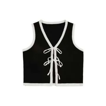 Verdusa Women's Plus Size Bow Tie Front Cardigans Color Block Sweaters Sleeveless Old Money Vest Tops