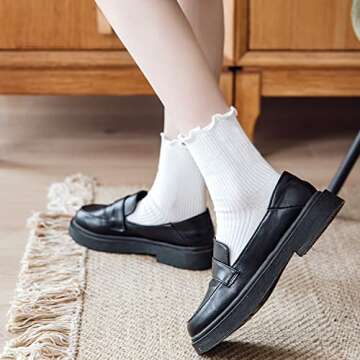 Mcool Mary Womens Crew Socks Ruffle Dress Socks Casual Cotton Knit Warm Comfy High Ankle White Frilly Socks For Women 6 Pack