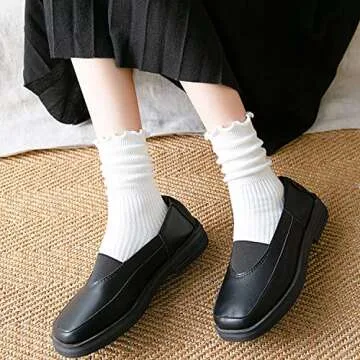 Mcool Mary Womens Crew Socks Ruffle Dress Socks Casual Cotton Knit Warm Comfy High Ankle White Frilly Socks For Women 6 Pack