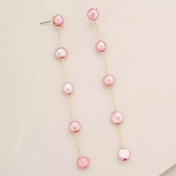 Ettika Gold Earrings For Women. Pearl Earrings, Dripping with Pink Pearls Delicate Drop Earrings. 18k Gold Plated. Birthday Gifts For Women