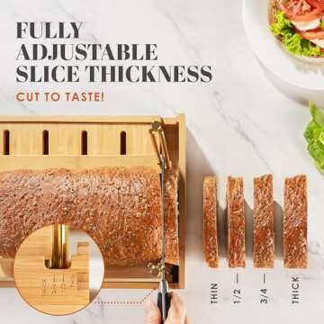 DITTO Bamboo Bread Slicer - 6.5" Wide Adjustable Bread Slicer Guide Cuts Even Slices, 4 Thickness Options - Works with Buns, Bagels- Incl Crumb Tray