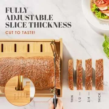 DITTO Bamboo Bread Slicer - 6.5" Wide Adjustable Bread Slicer Guide Cuts Even Slices, 4 Thickness Options - Works with Buns, Bagels- Incl Crumb Tray
