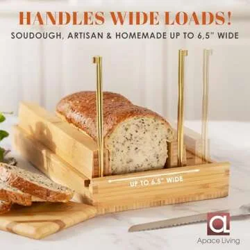 DITTO Bamboo Bread Slicer - 6.5" Wide Adjustable Bread Slicer Guide Cuts Even Slices, 4 Thickness Options - Works with Buns, Bagels- Incl Crumb Tray