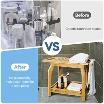 2-Tier Bamboo Shower Bench for Inside Shower Shaving Legs, 25 Inch Waterproof Bathroom Bench Shower Stool with Storage Shelf, Safe & Stable for Seniors Adults Disabled Women